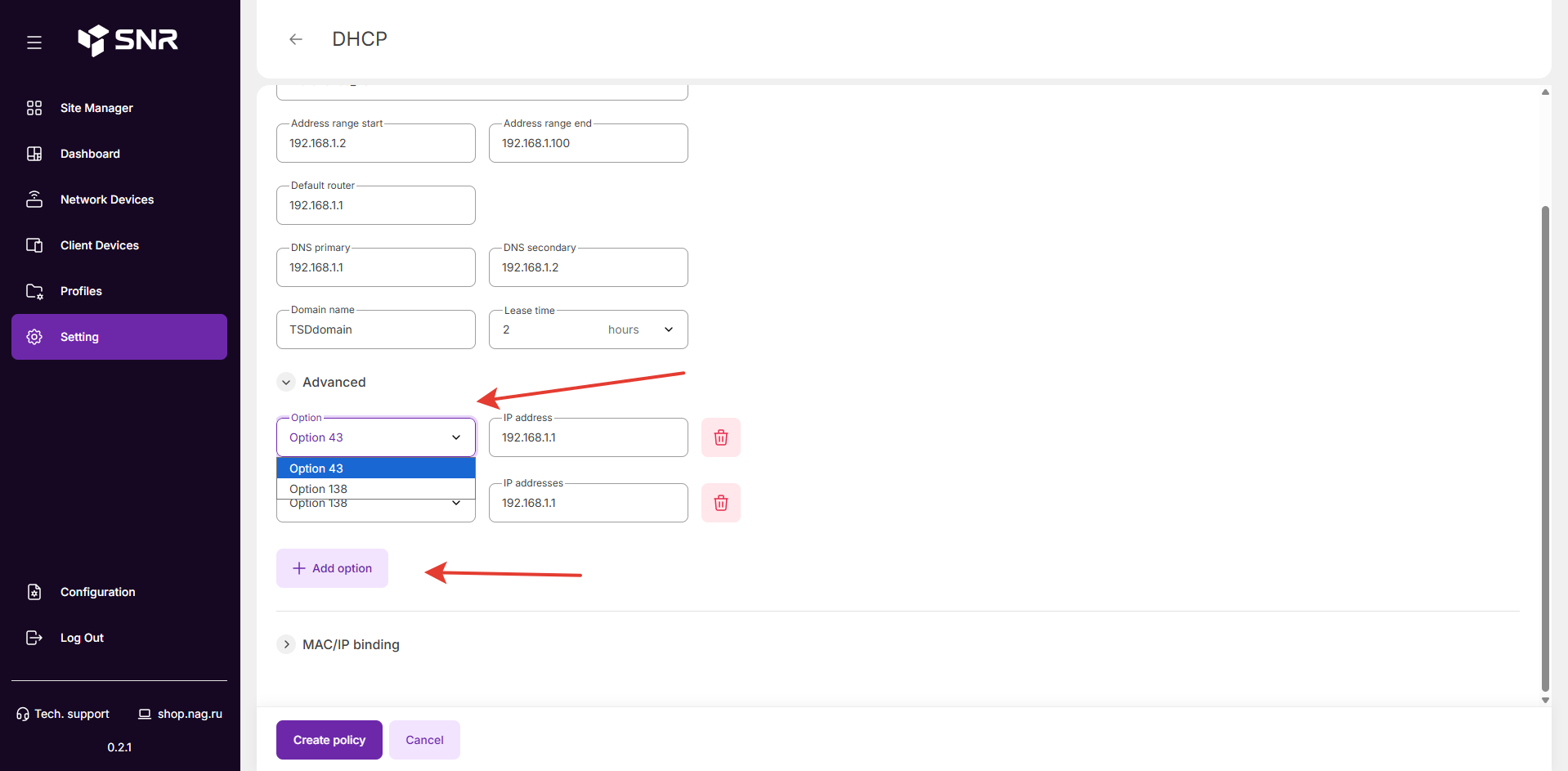 Option 43 и Option 138 в DHCP-политике