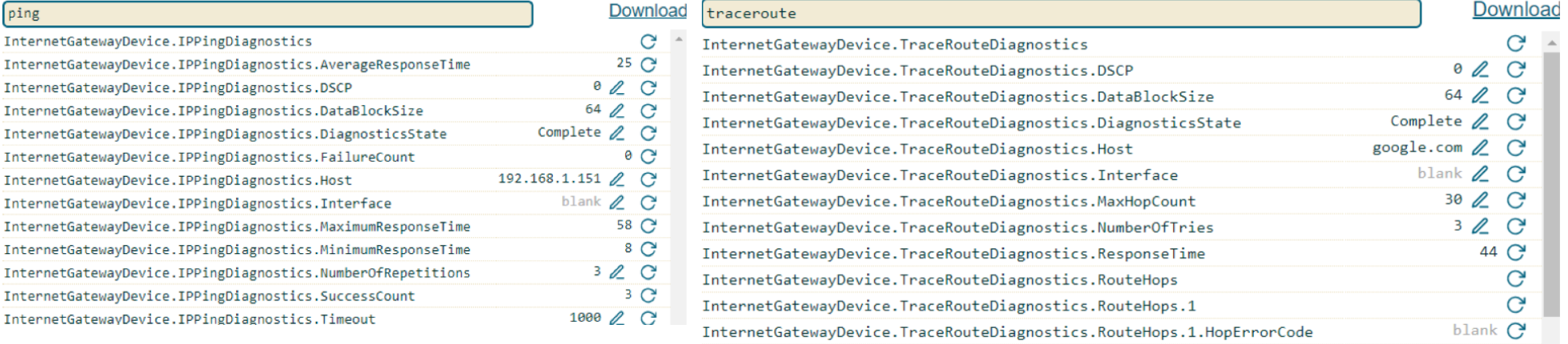 Ветки параметров ping и traceroute в панели управления ACS-сервера