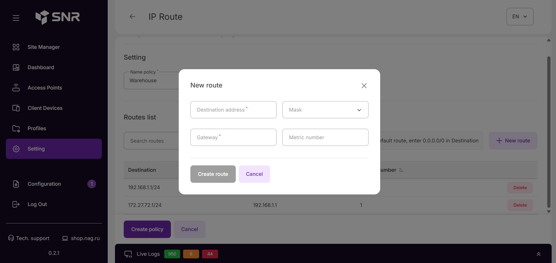 добавление маршрутов для IP Route-политики